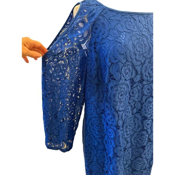 Adrianna Papell Cobalt Blue Lace Overlay Knee Length 18w Exposed Shoulder Dress - Picture 14 of 15
